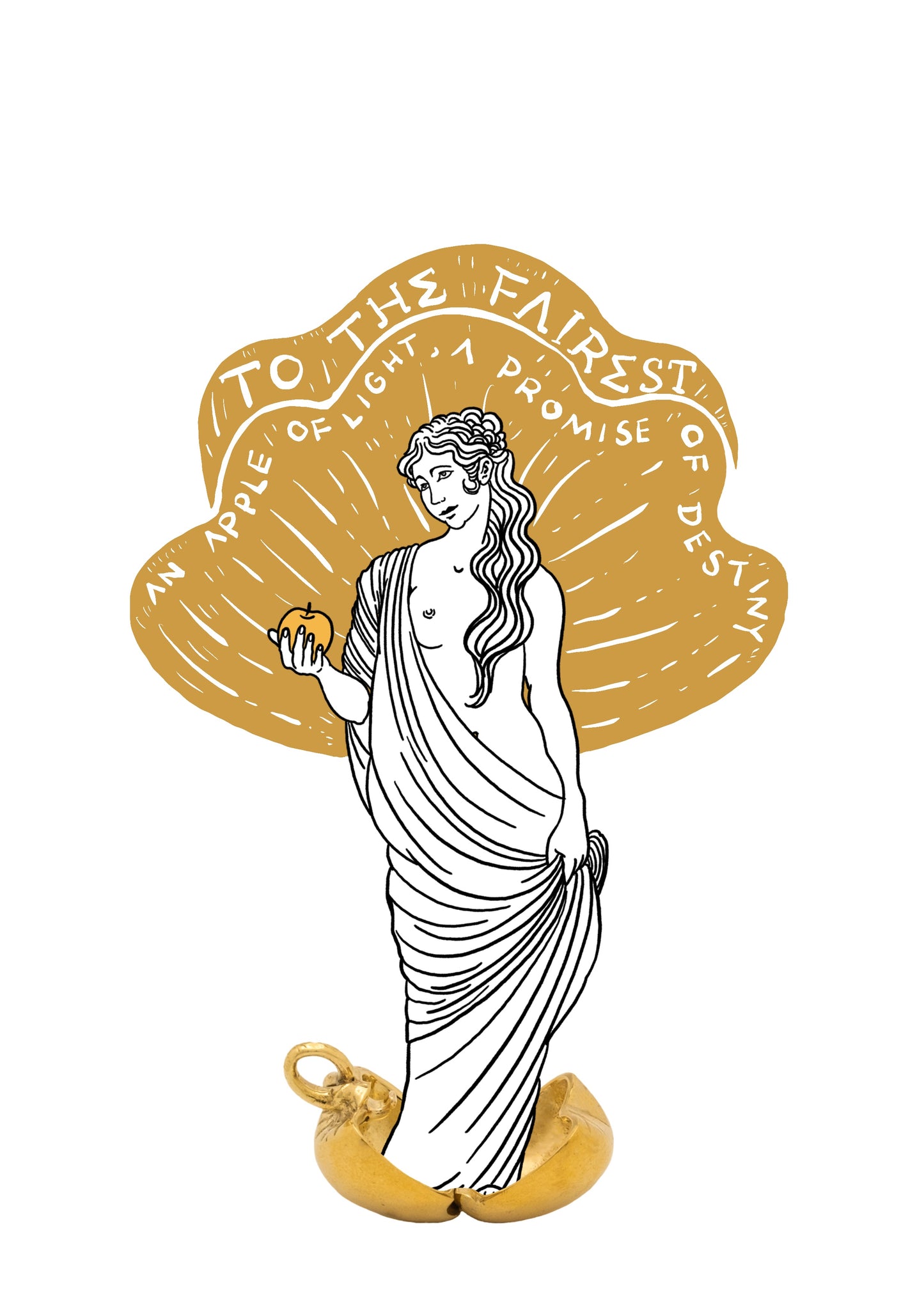 Classical statue holding an apple with text 'To the Fairest a Promise of Destiny' on a white background