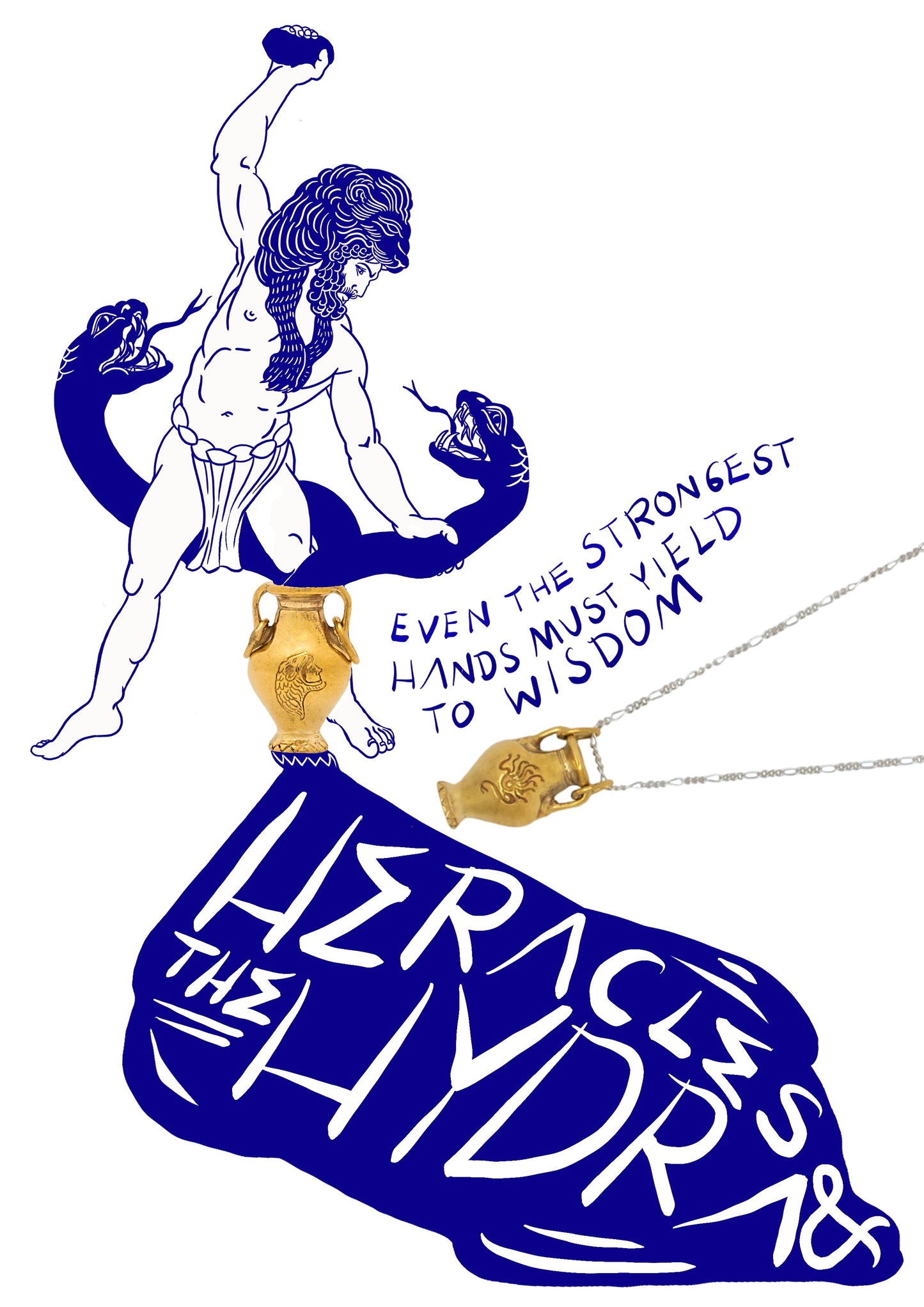 Illustration of Heracles fighting the Hydra with text 'Even the strongest hands must yield to wisdom'.