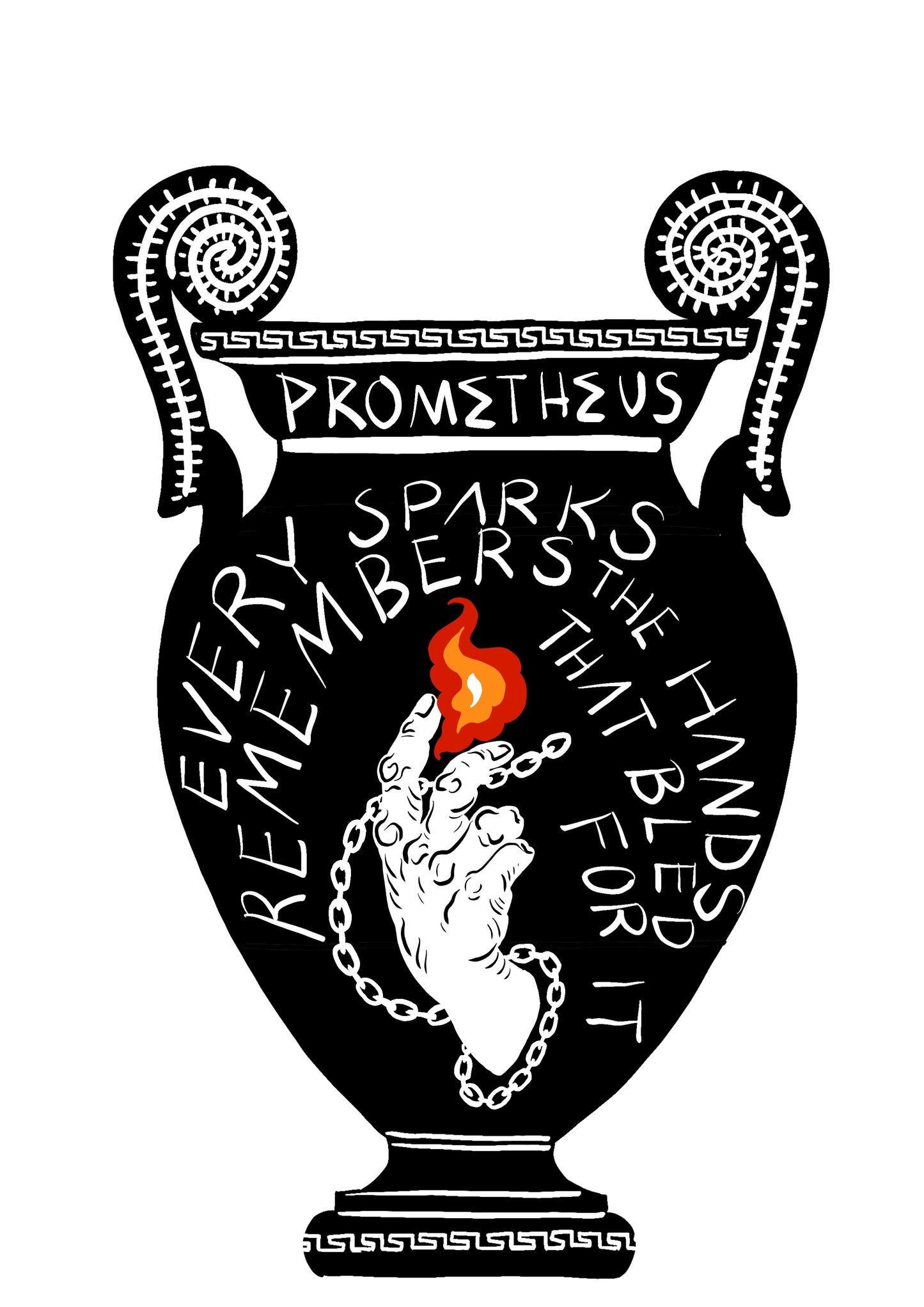 Black vase with white text and a red flame, inspired by Prometheus, on a white background.