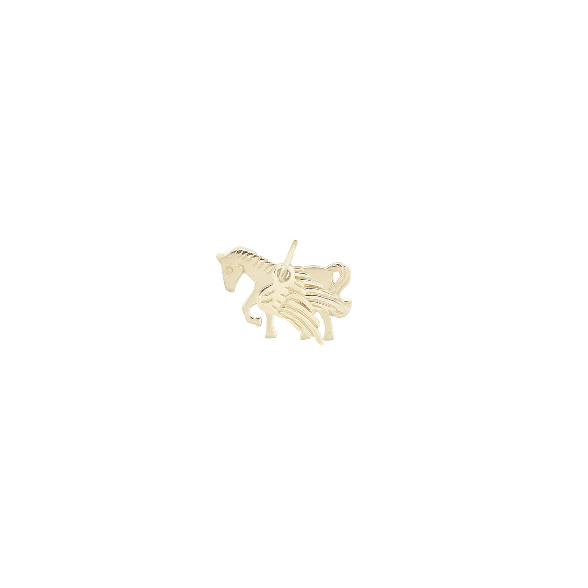 Cloudrider Charm in silver — smooth Pegasus horse silhouette with a separate articulated feathered wing, shown on a white background