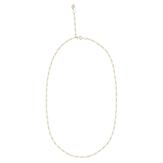A simple, elegant gold-colored Figaro chain necklace with a lobster clasp closure.