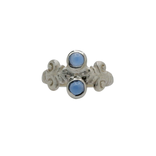 Hunt Of Hounds Acanthus Ring in Silver with Blue Lace Agate gemstones. Botanical leaf ring with classical detail.