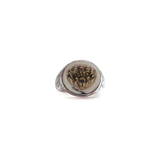 Hunt Of Hounds - Adonis Flower Signet Ring. Silver with brass detailing. Adonis flower is a symbol of memory. On a decorative botanical band. Unisex.