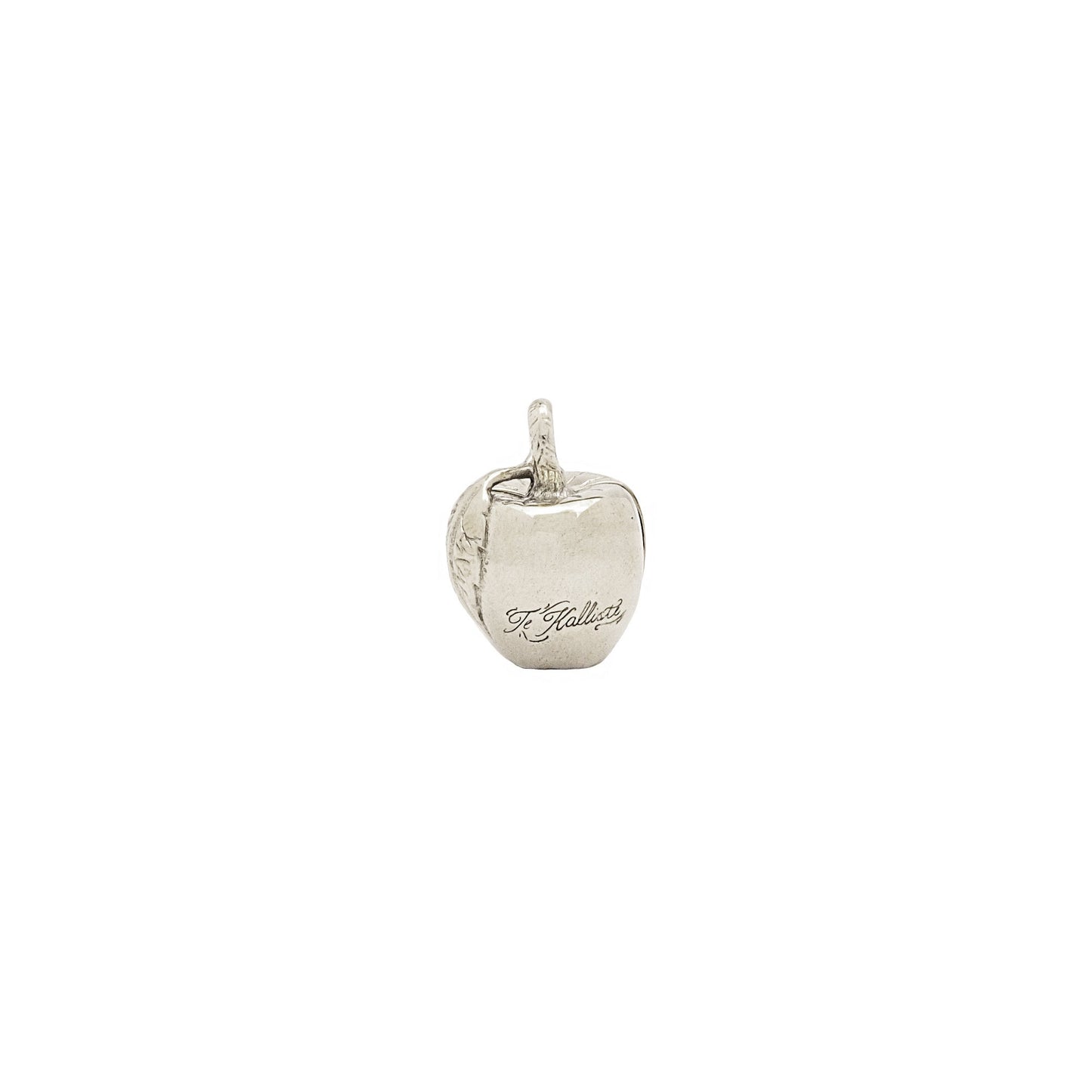 Silver apple-shaped pendant on a white background