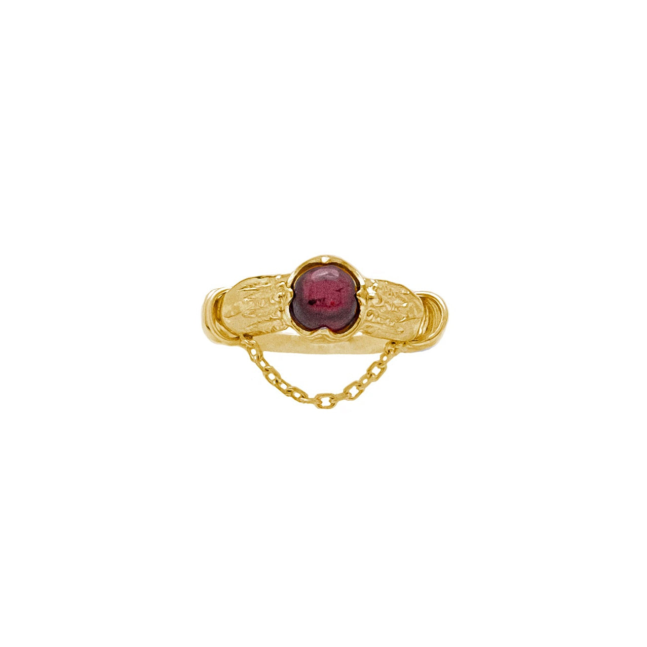 A gold ring with a red gemstone on a white background