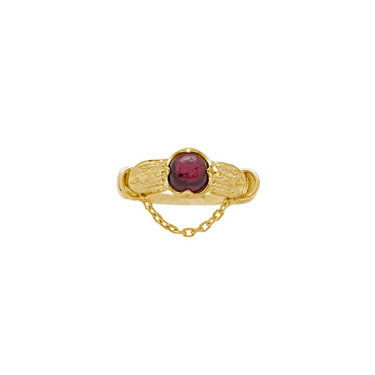 A gold ring with a red gemstone on a white background