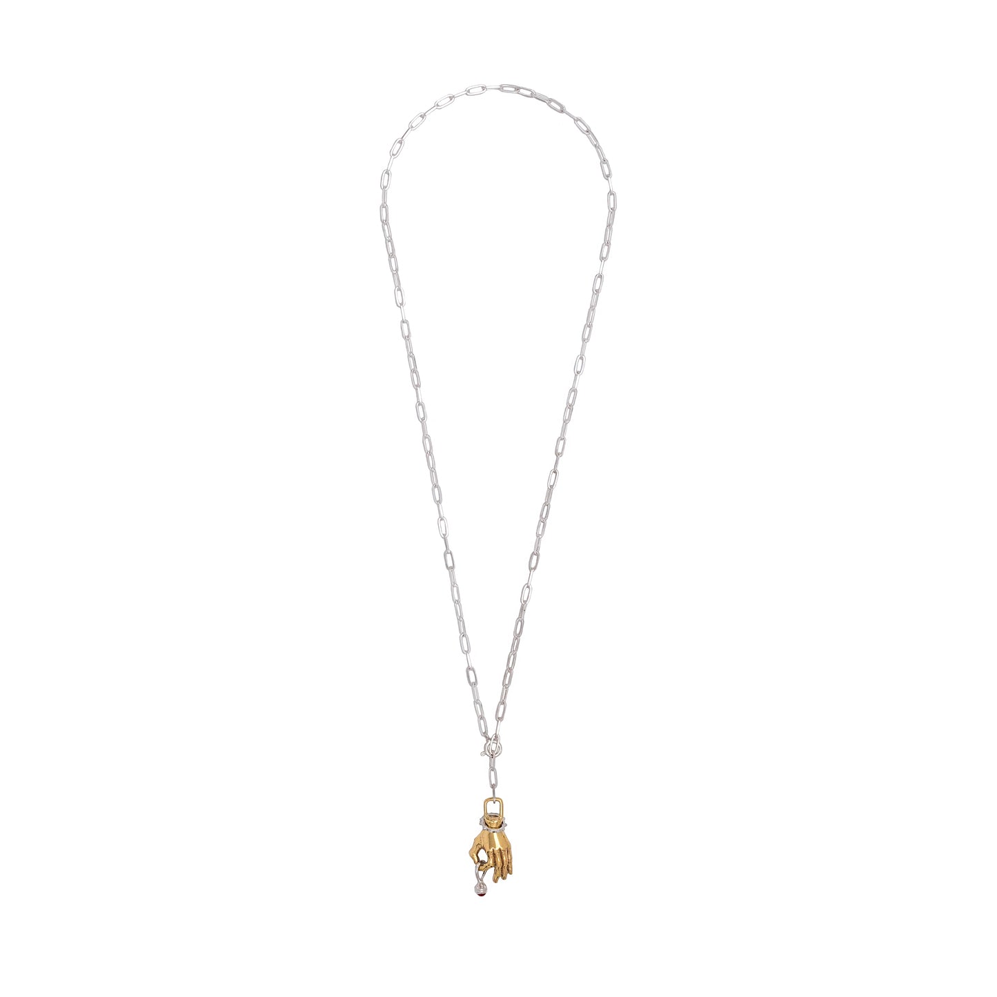 Silver necklace with a gold hand pendant holding a small silver charm