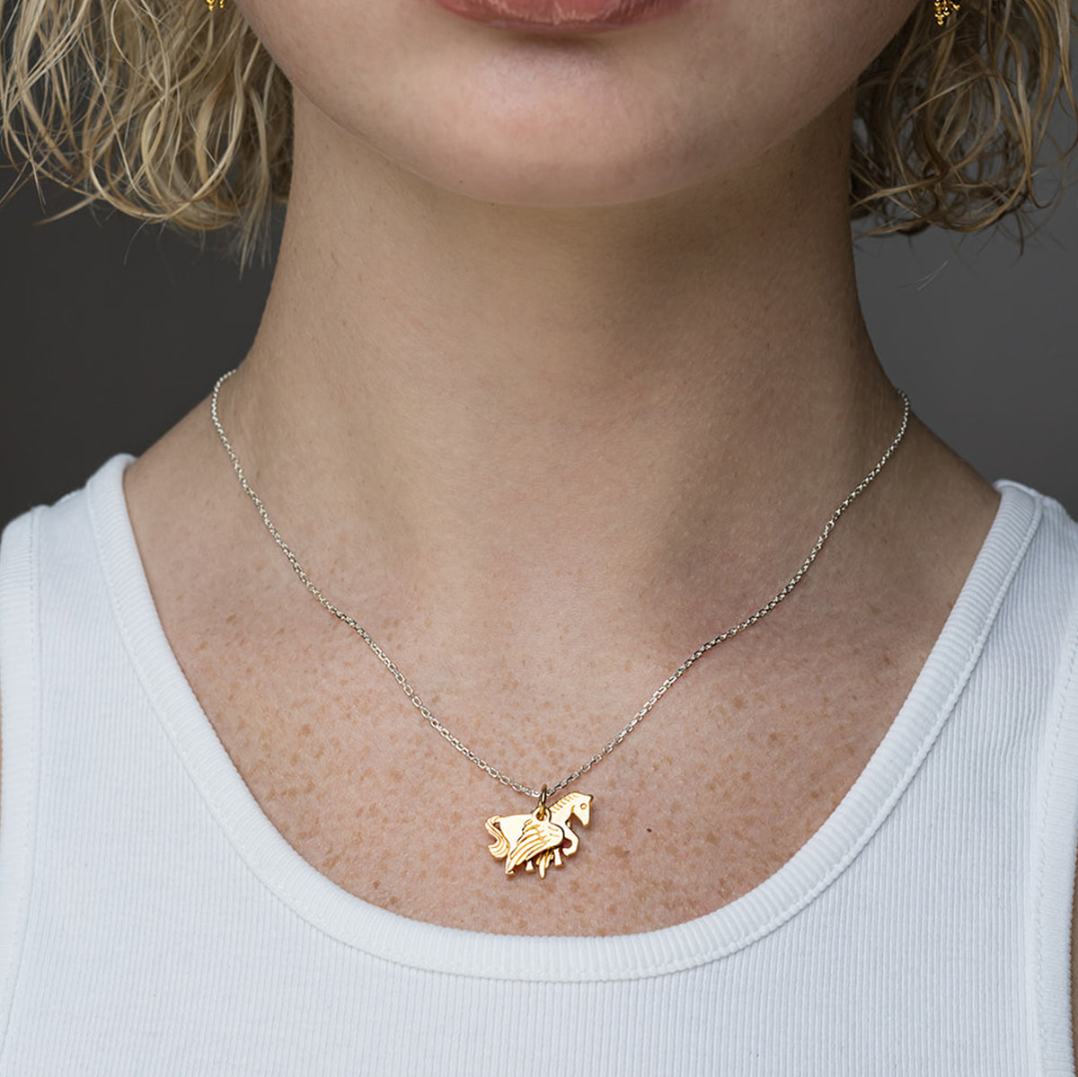 Cloudrider Charm in yellow gold worn on a delicate chain necklace, showing the petite scale of the winged-horse pendant against a model's neckline