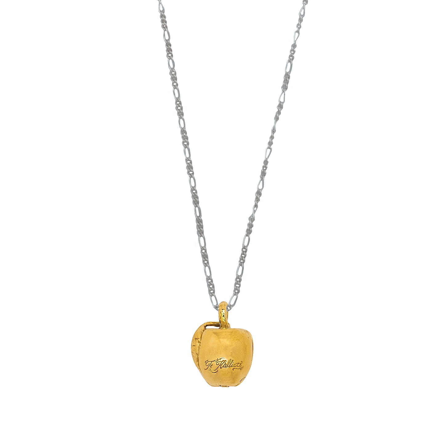 Gold apple pendant necklace on a silver chain against a white background