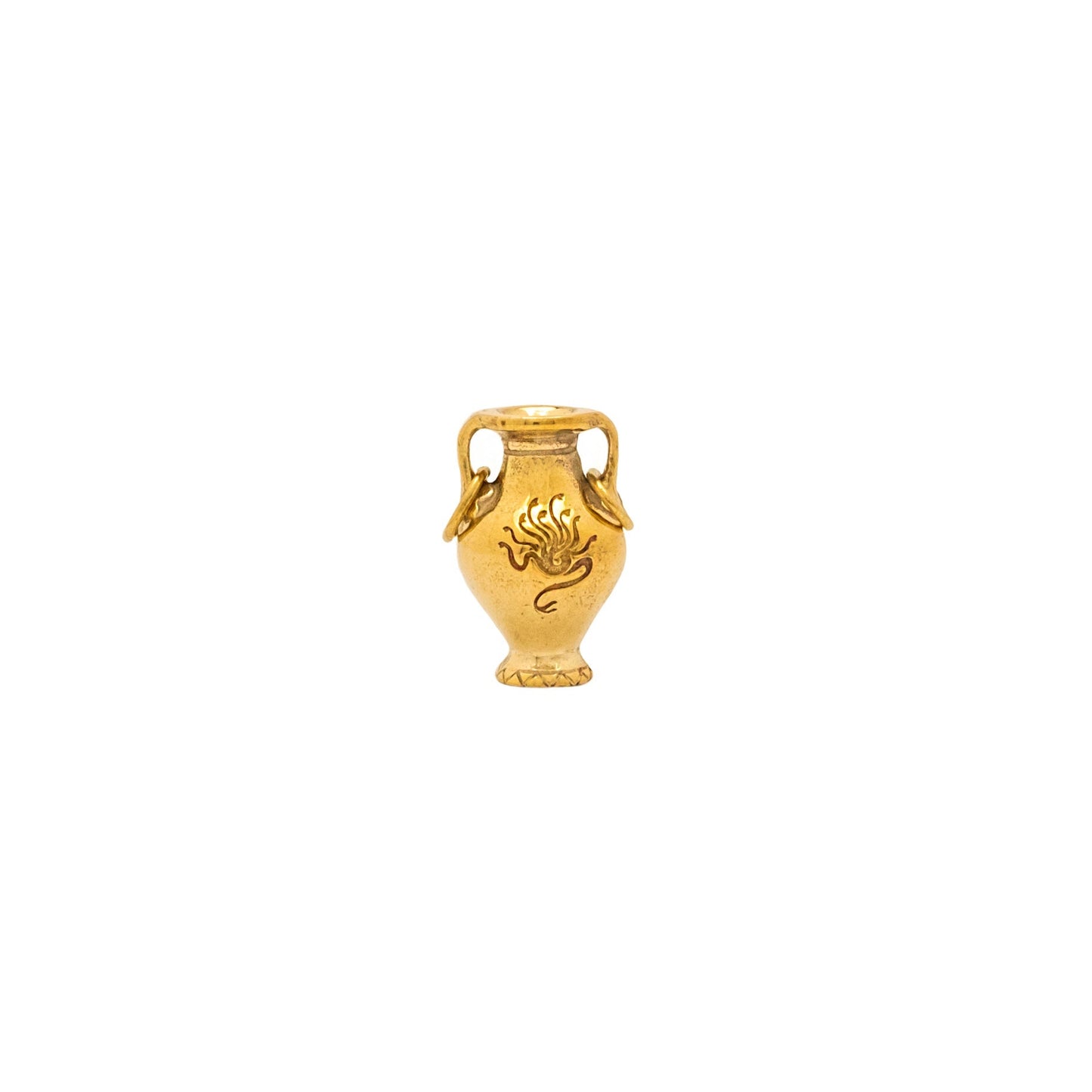 Gold urn-shaped pendant on a white background