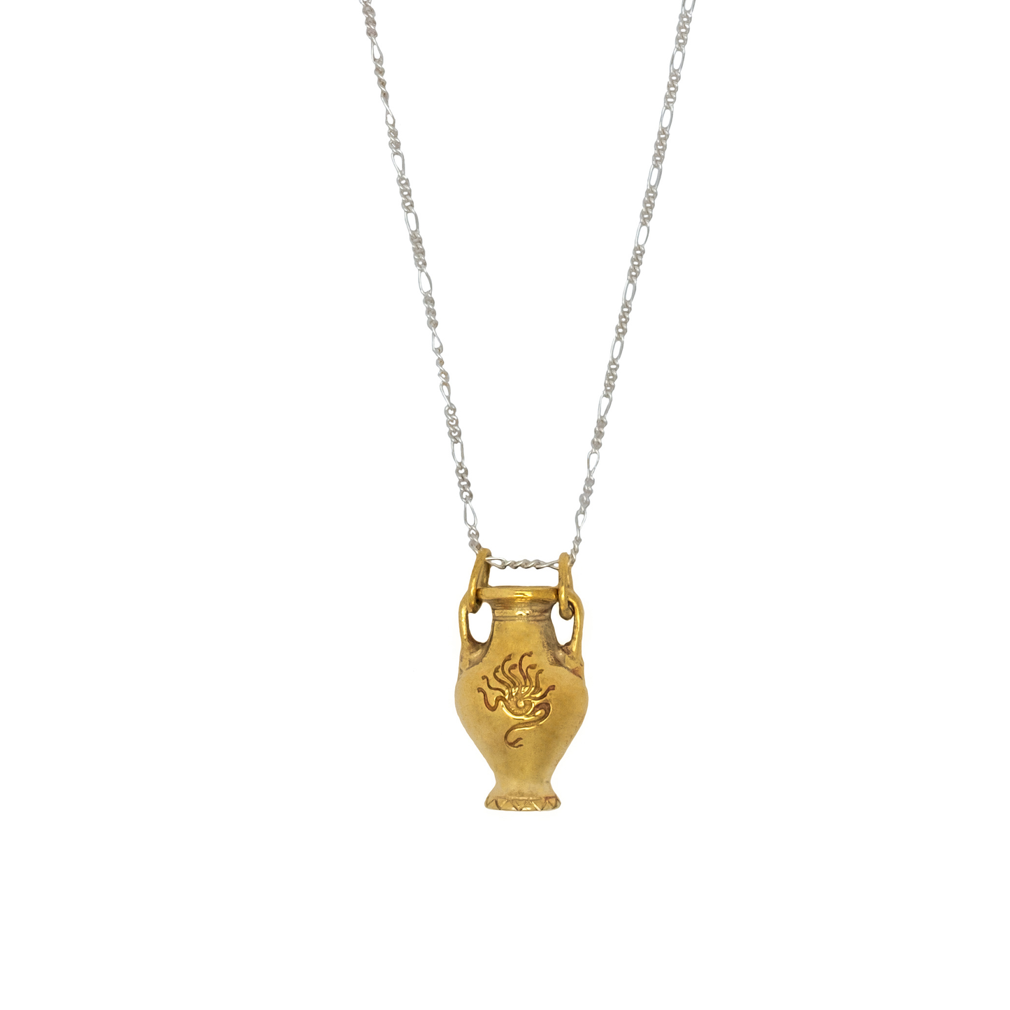 Gold urn-shaped pendant on a silver chain against a white background