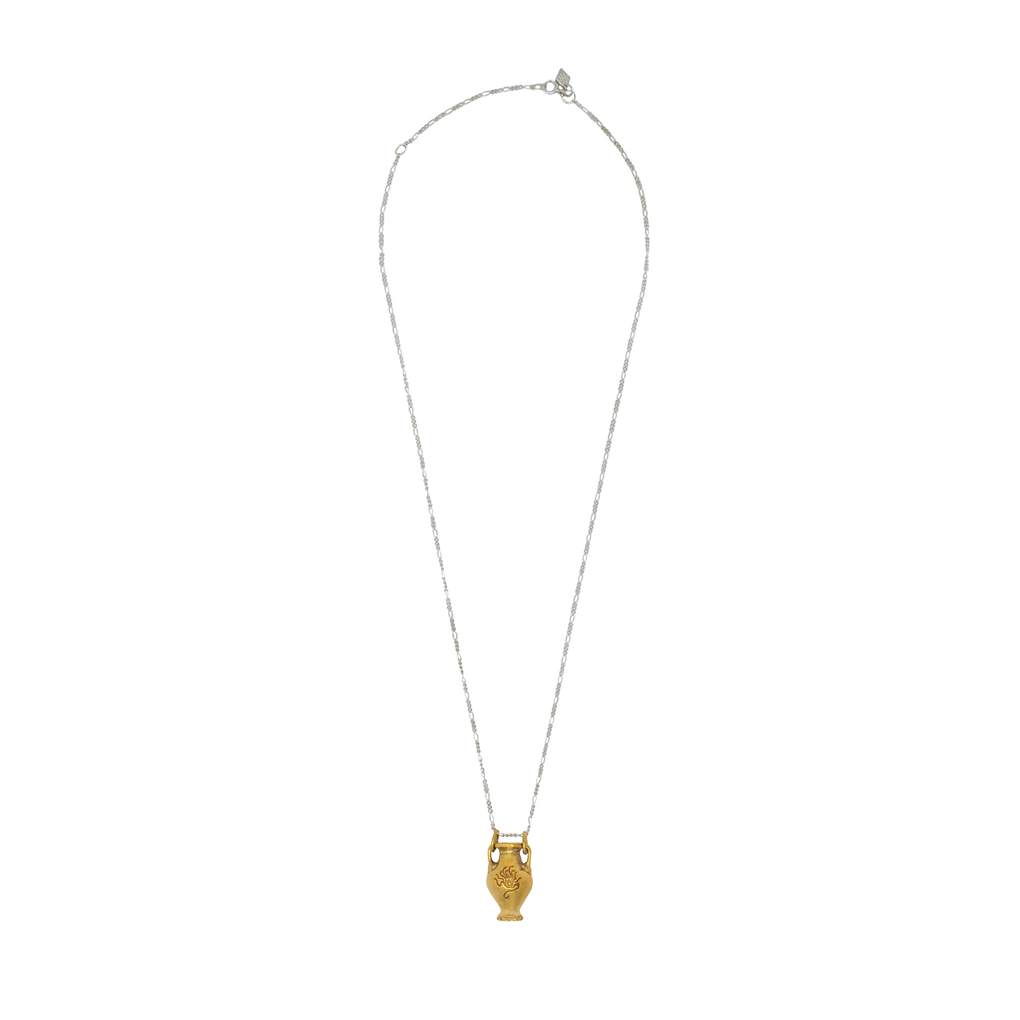 Gold urn pendant necklace on a white background