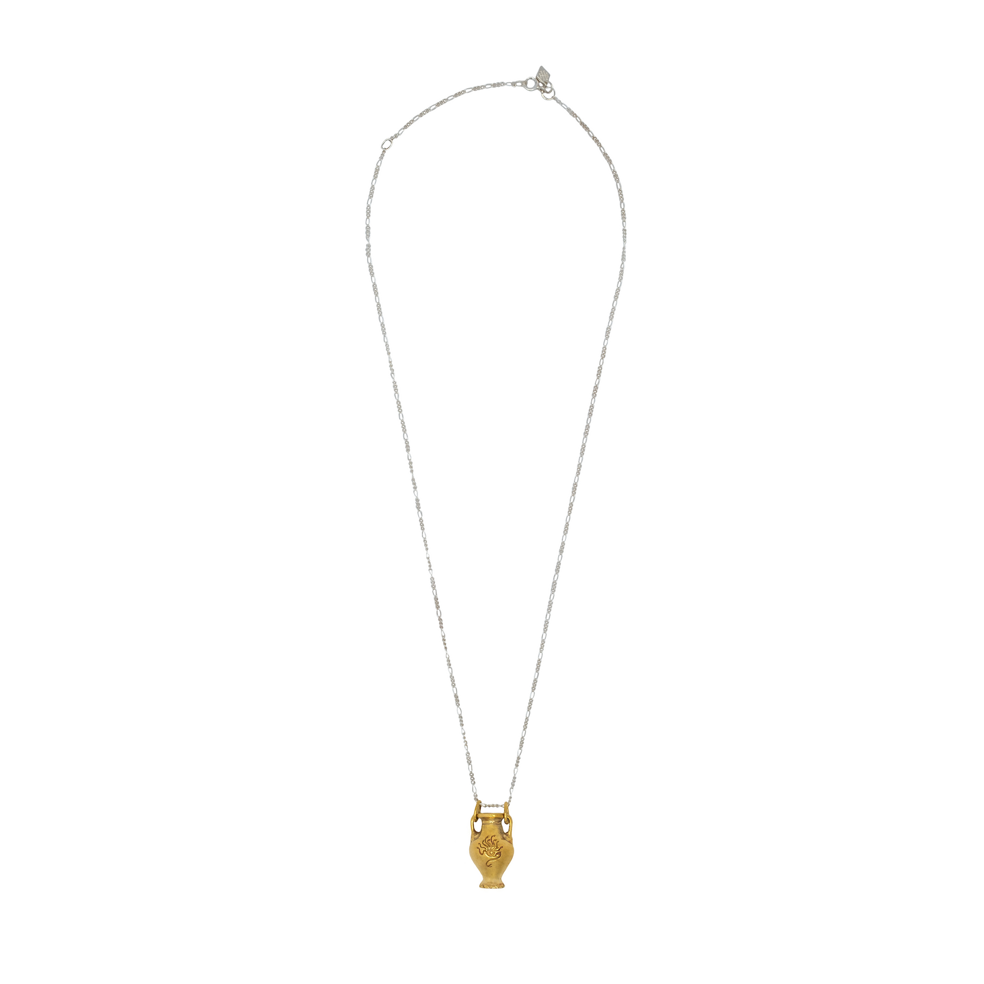Gold urn pendant necklace on a white background