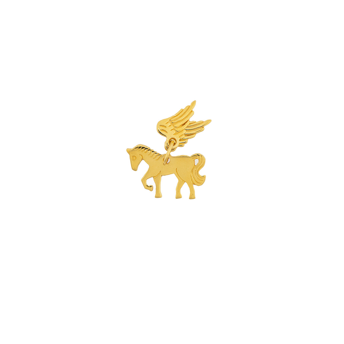 Cloudrider Charm in yellow gold. Smooth Pegasus horse silhouette with a separate articulated feathered wing, shown on a white background.
