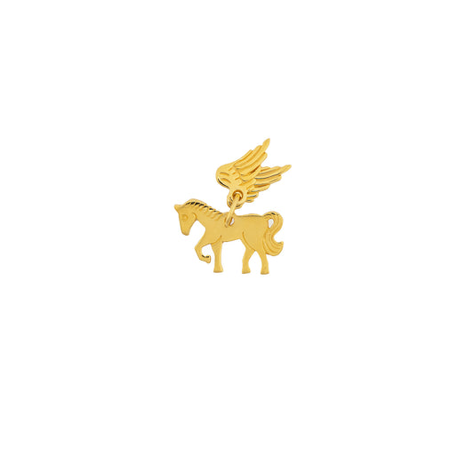 Cloudrider Charm in yellow gold. Smooth Pegasus horse silhouette with a separate articulated feathered wing, shown on a white background.