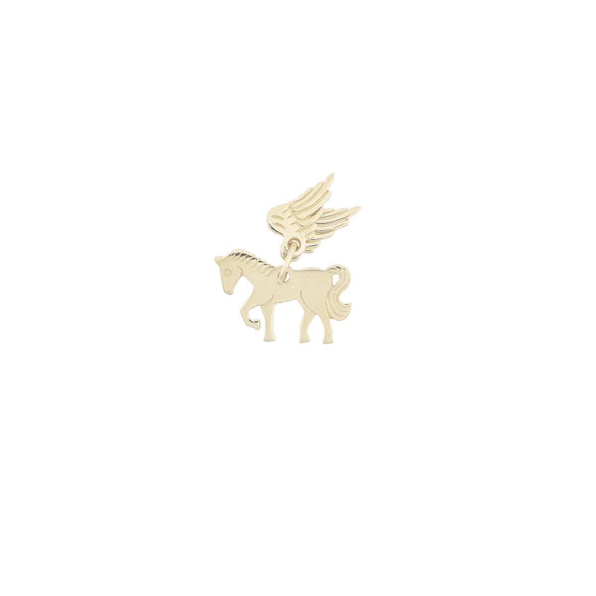 Cloudrider Charm in silver. A smooth Pegasus horse silhouette with a separate articulated feathered wing, shown on a white background