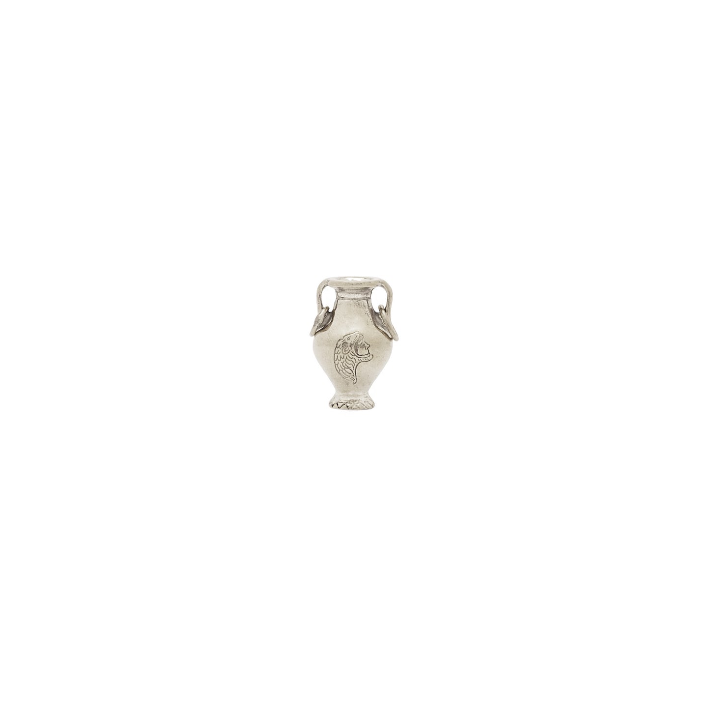 Silver urn-shaped pendant on a white background