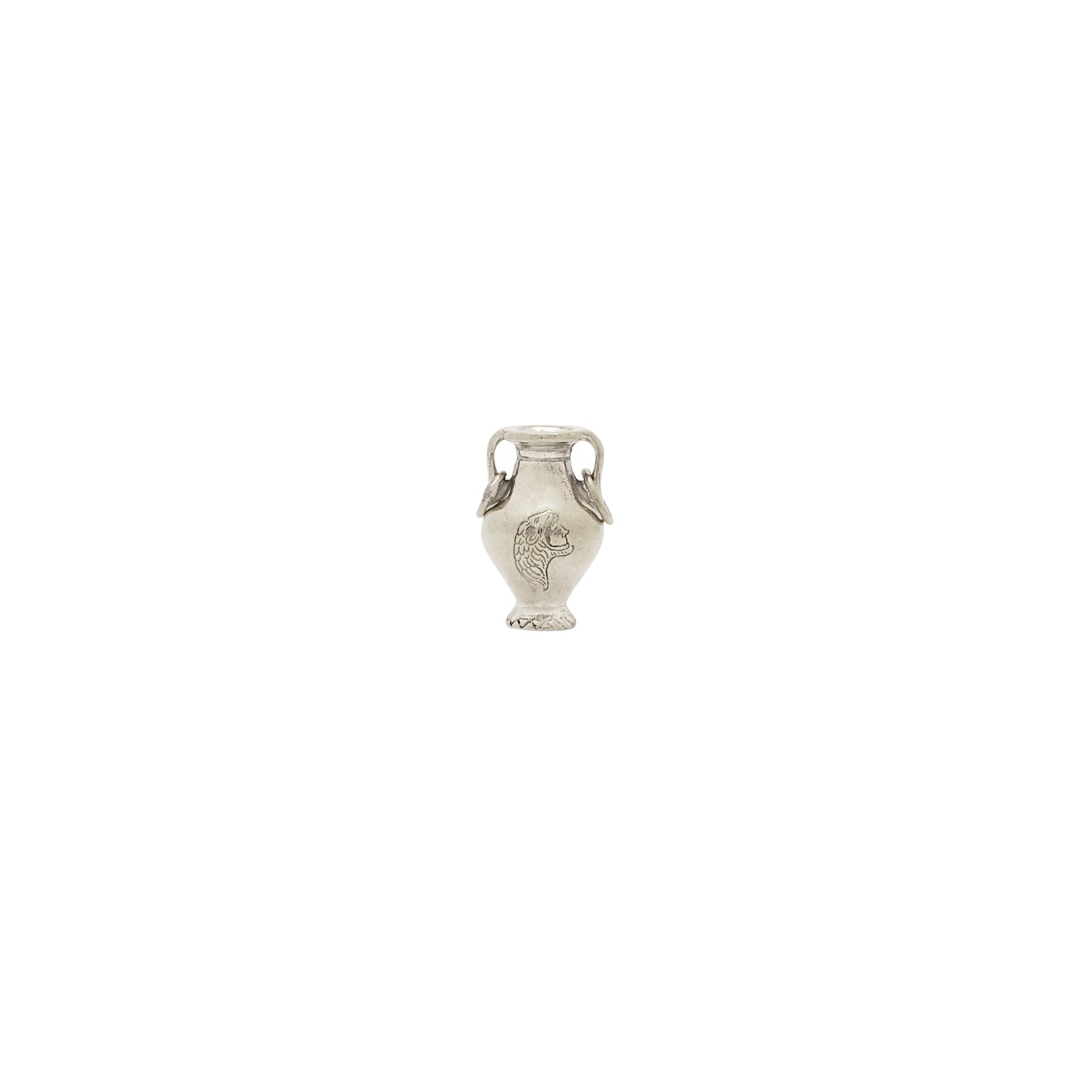 Silver urn-shaped pendant on a white background