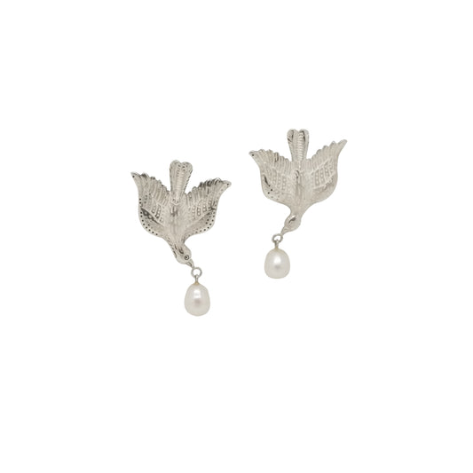 Hunt Of Hounds Sparrow Earrings with pearl. Symbols of joy. Detailed bird with pearl hanging from beak.