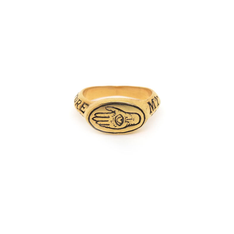 Hunt Of Hounds Future In My Hands Signet Ring. Hand of fate with text on band. Eye and hand. Unisex.