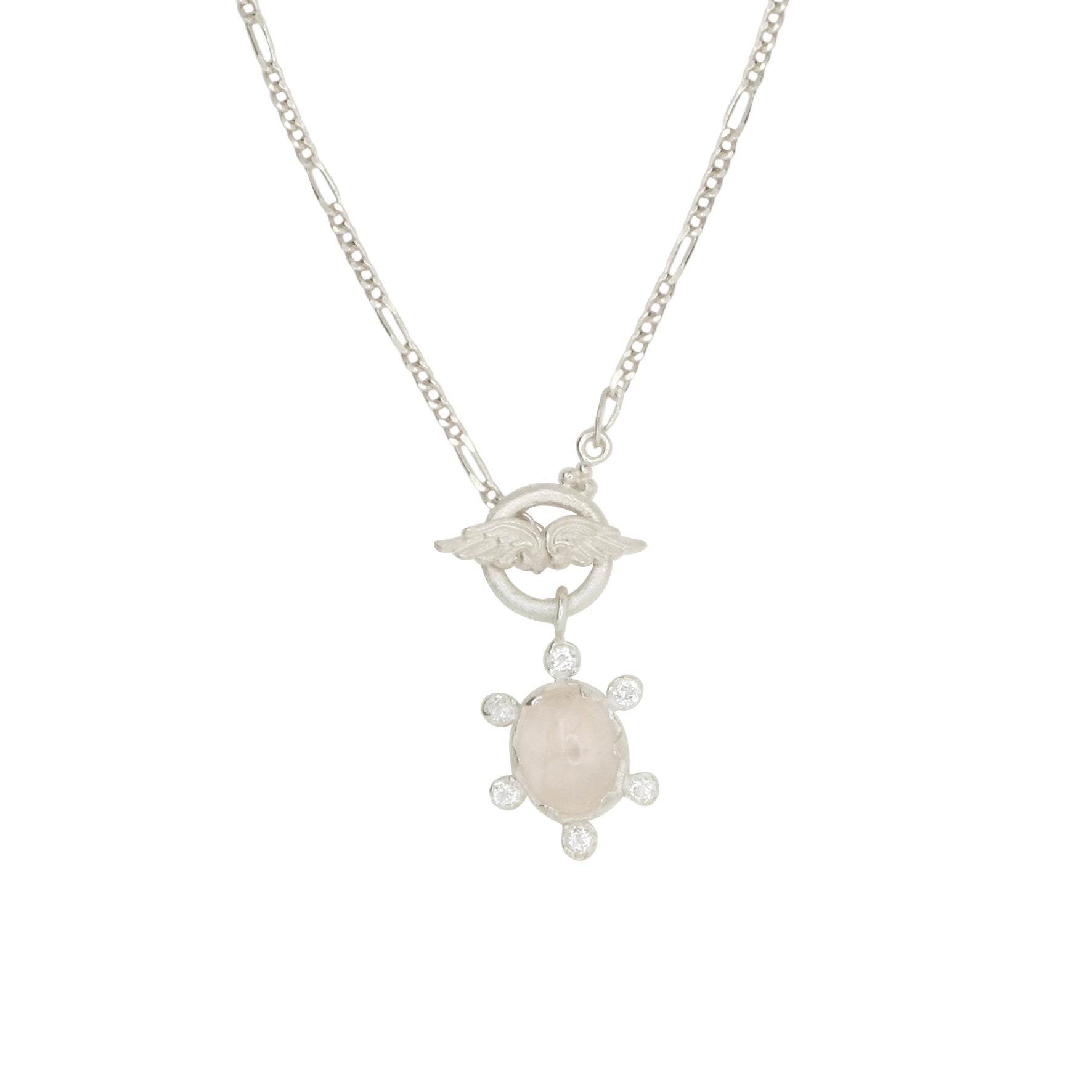 Hunt Of Hounds Helios Necklace. Sun inspired, rose quartz with white topaz and wing and halo fasten. Figaro chain.