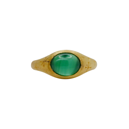 Hunt Of Hounds Helios Ring. Inspired by sun goddess with rose green agate. Ancient design. Stars.