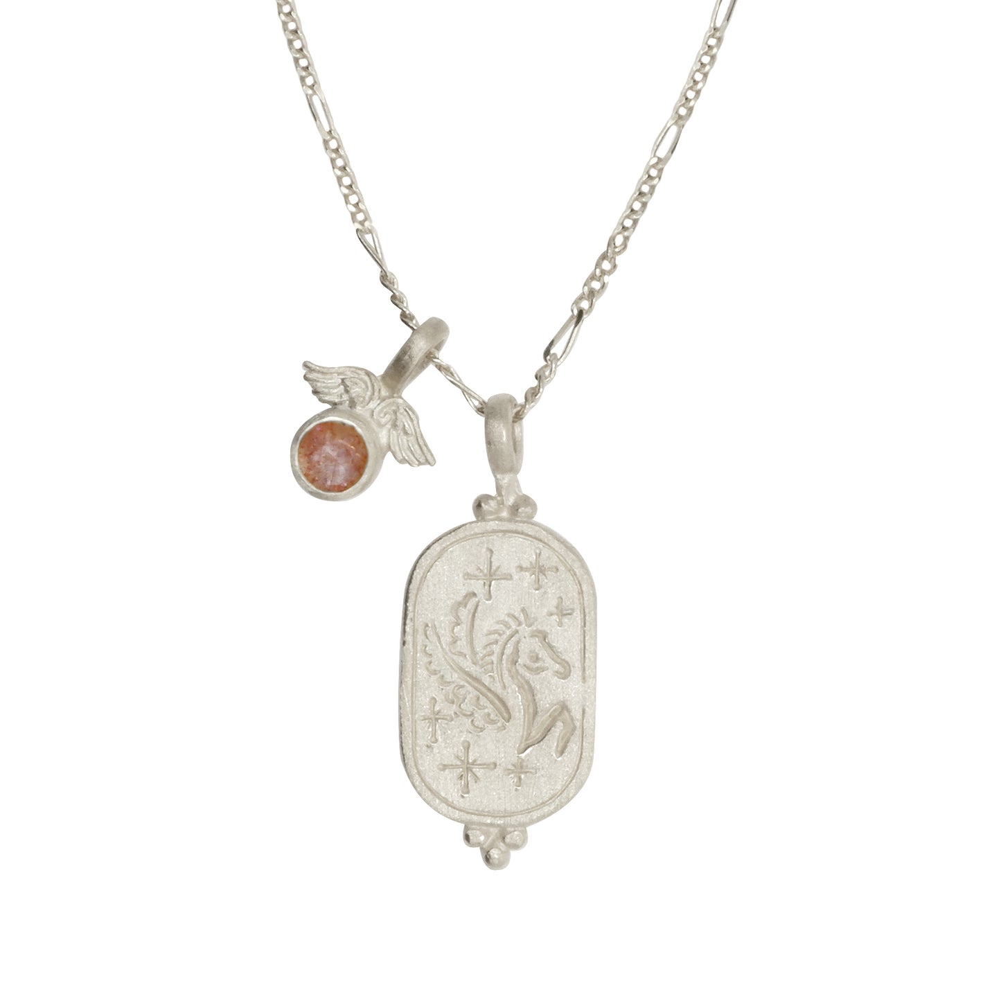 Hunt Of Hounds Pegasus Necklace. Coin pendant necklace with pegasus and stars. Sunstone charm with wings.