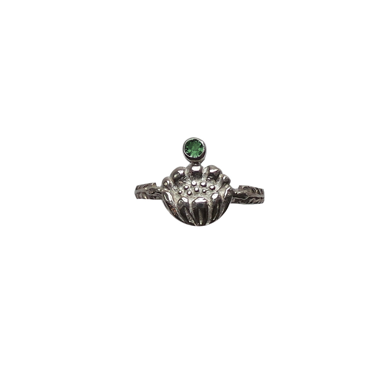 Hunt Of Hounds Adonis Flower Ring in Silver. A flower mounted on a botanical leaf band with gemstone.