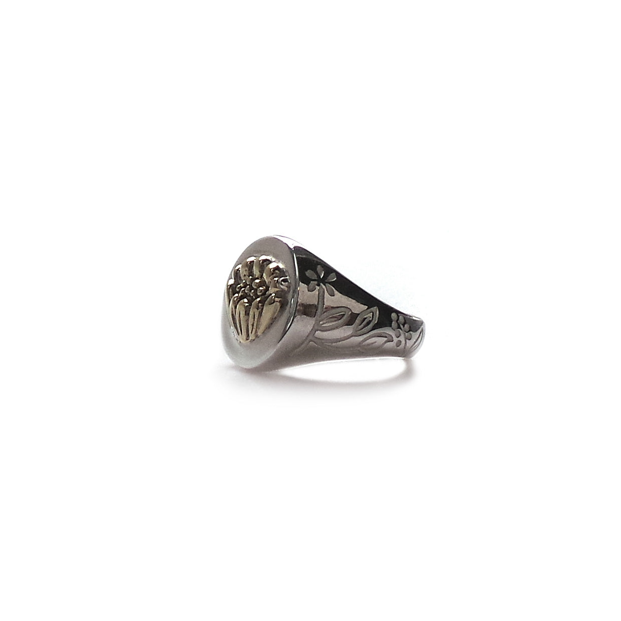 Hunt Of Hounds - Adonis Flower Signet Ring. Silver with brass detailing. Adonis flower is a symbol of memory. On a decorative botanical band. Unisex.