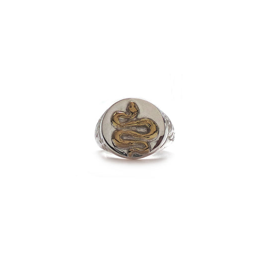 Hunt Of Hounds Serpent Signet Ring. Symbol of immortality and health. Brass detail on silver with botanical leaf motif.