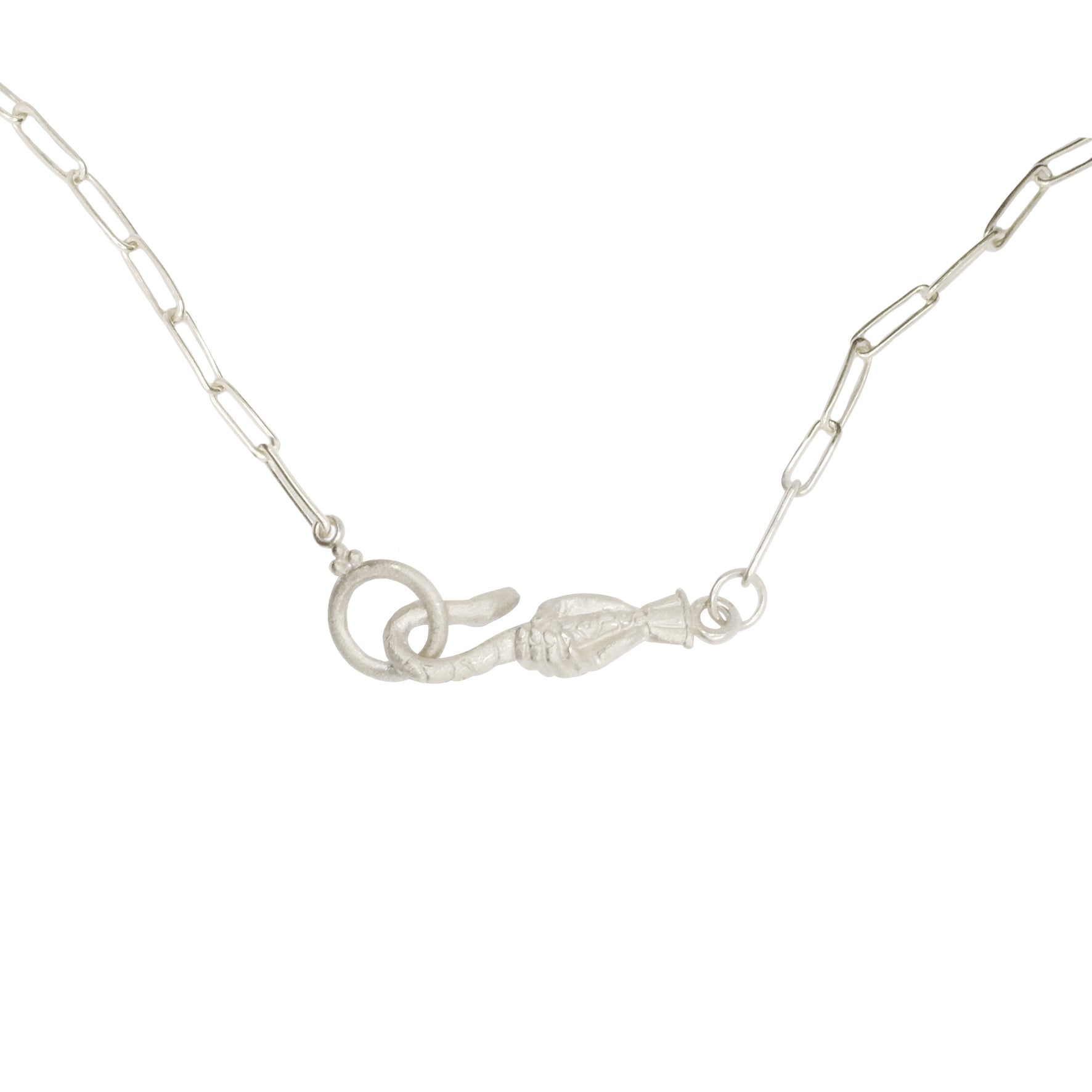 Hunt Of Hounds Serpent Hook Clip Chain Necklace. House made clip chain and signature hook. A hand holding a serpent.